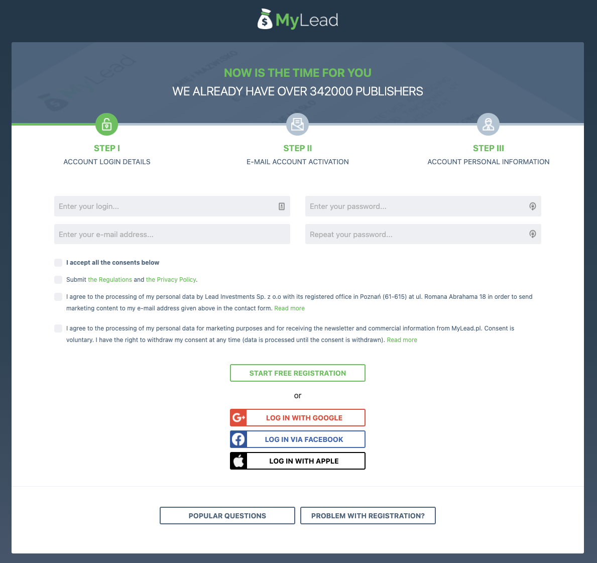 MyLead affiliate network 3 step sign up form