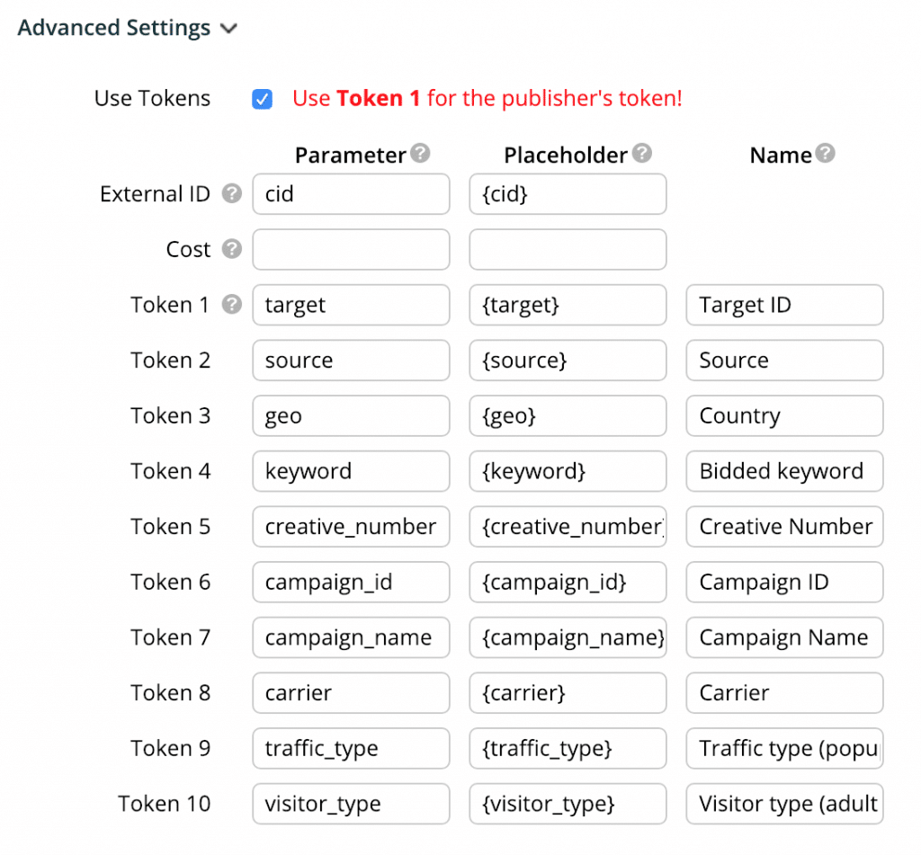 Example traffic source template in Binom Tracker for the Zeropark traffic source