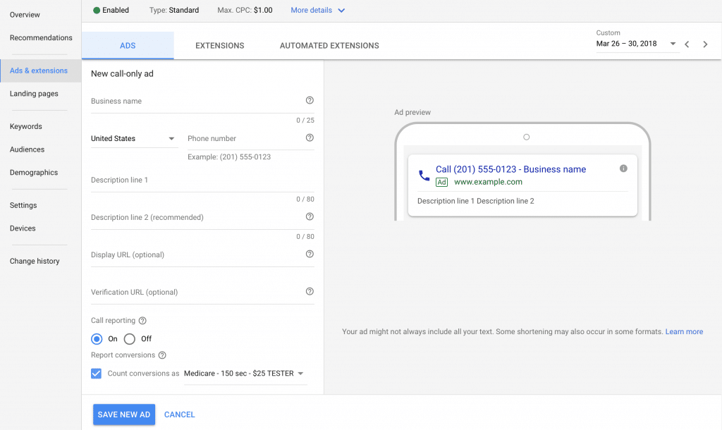 When you create call-only ads make sure you select the conversion type for that particular offer