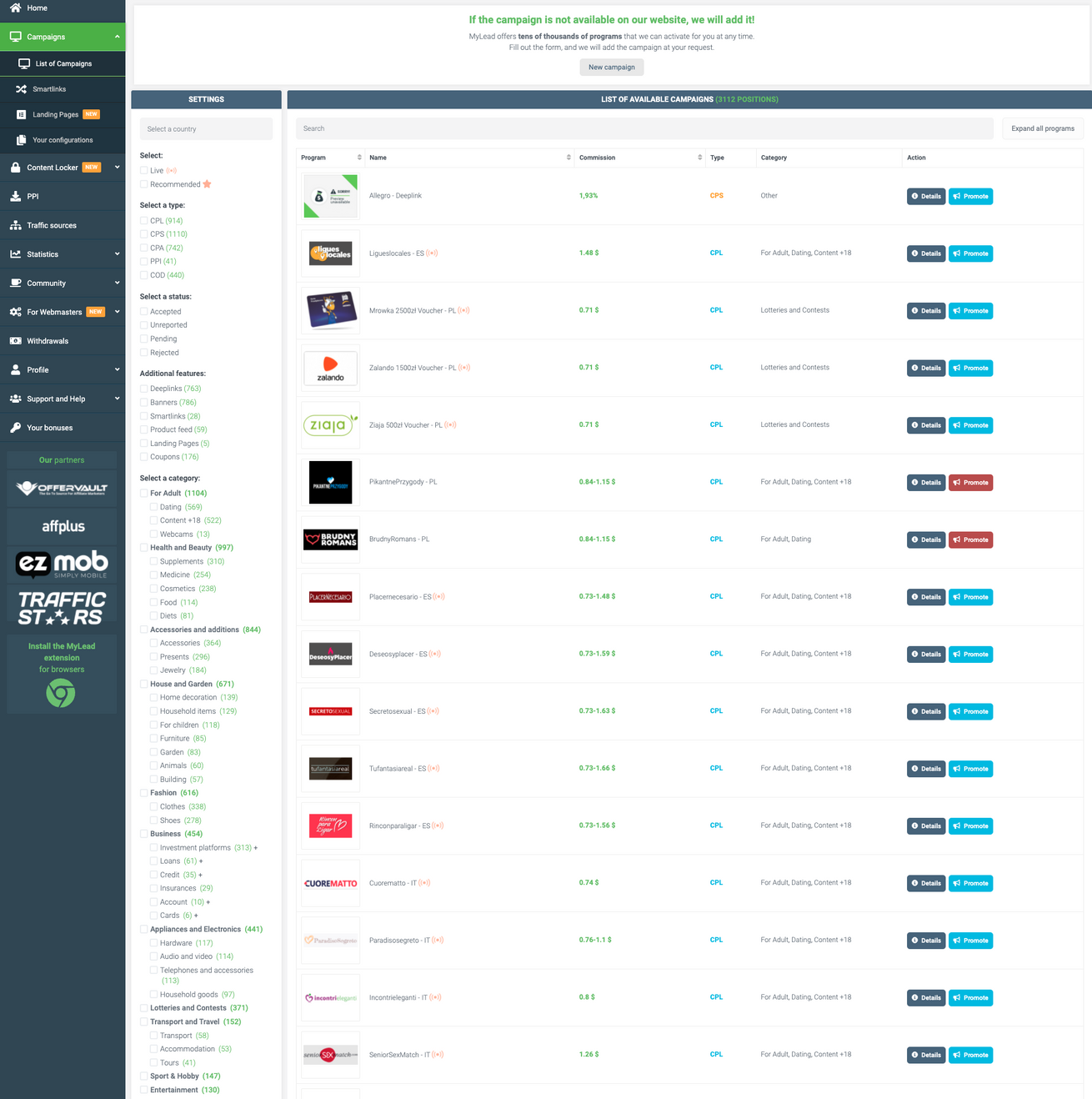 MyLead affiliate dashboard