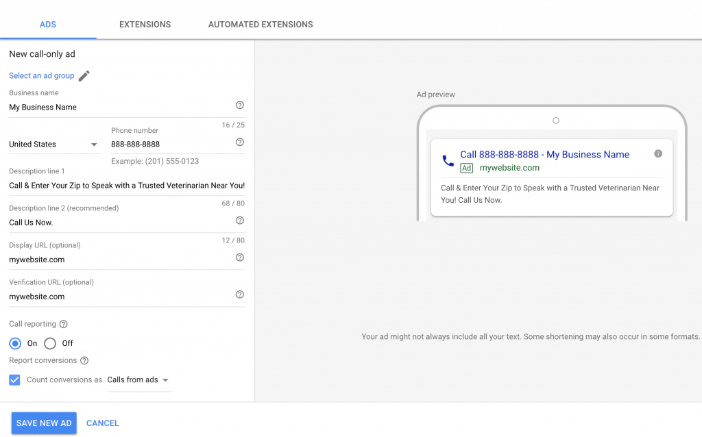 Create Google Ads call-only ads