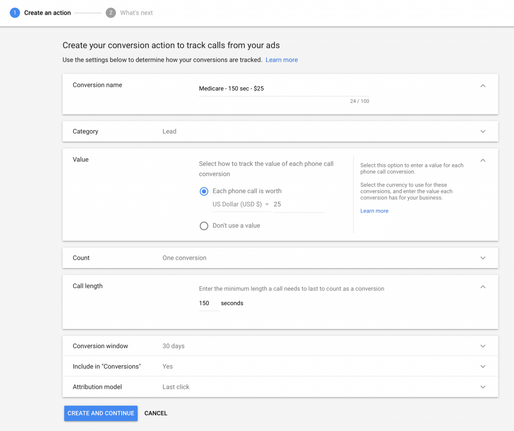 Specify the requirements (i.e., call duration) for a conversion