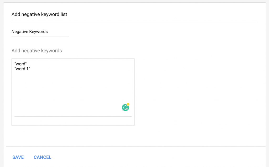 Google Ads negative keyword list