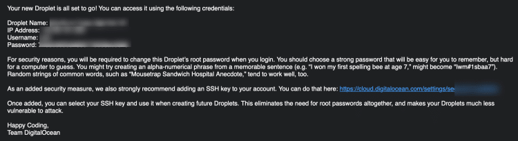 DigitalOcean server log in information email
