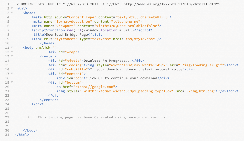 Example code output from the PureLander landing page builder