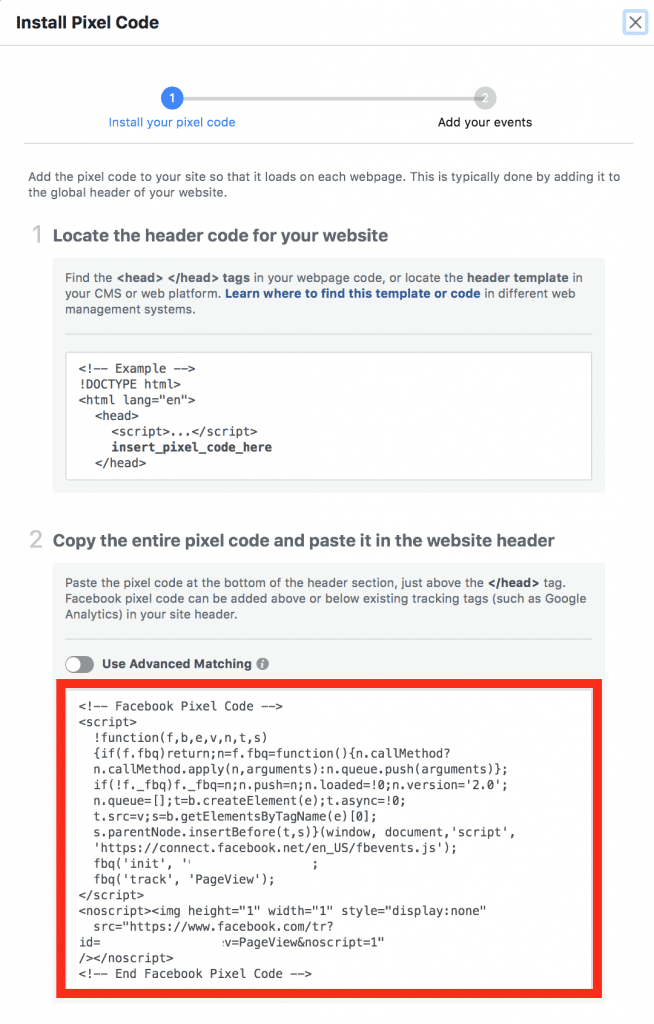 Instruction page on how to install the Facebook Pixel code on your website