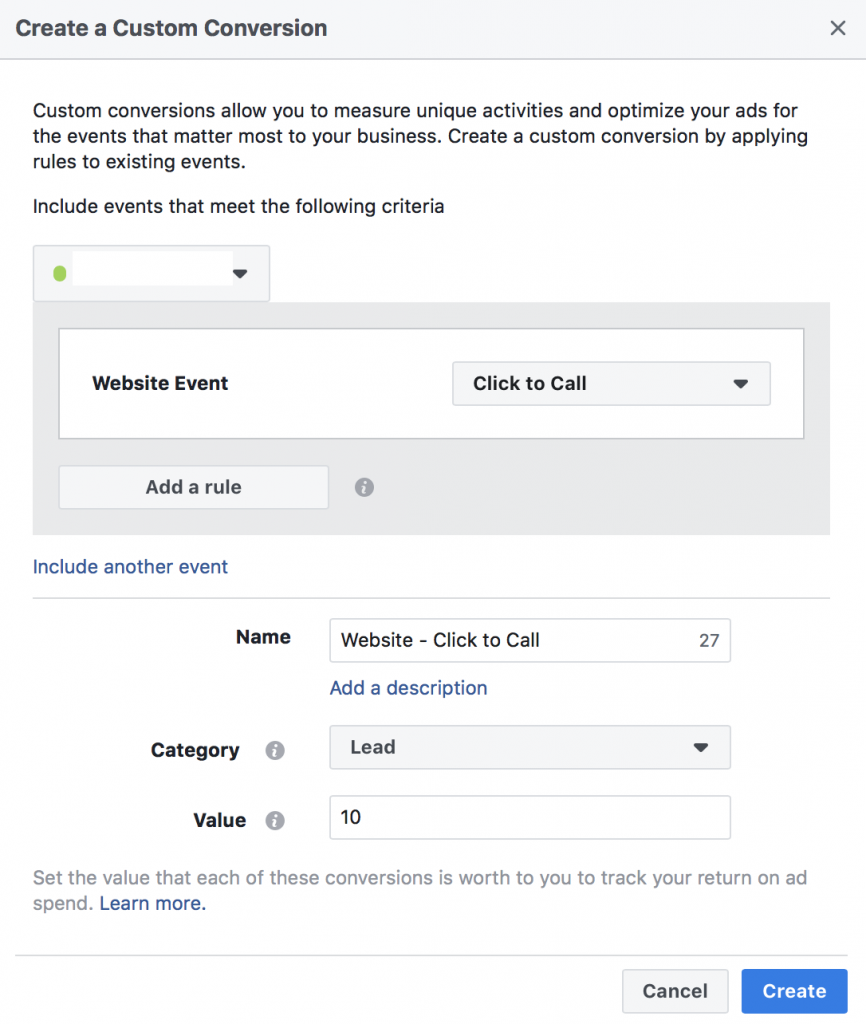 Use your new phone call conversion on your Facebook Ads