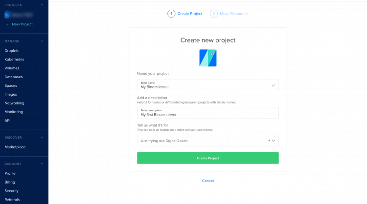 Create a new project in DigitalOcean to install your Binom Tracker