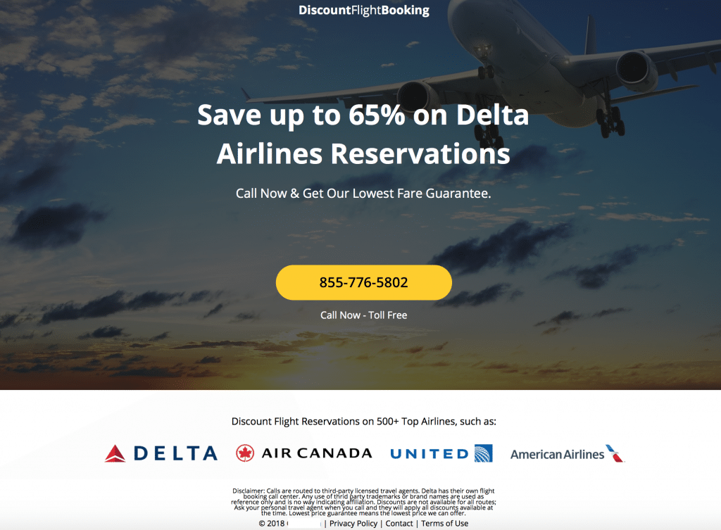 Example landing page for a flight booking pay per call affiliate offer