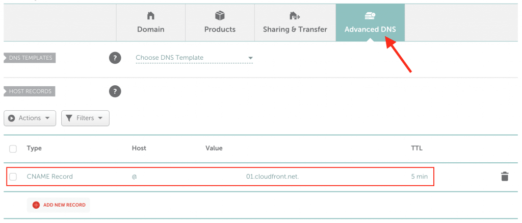 Make a CNAME record in Namecheap pointing to your Cloudfront URL you got in the previous step